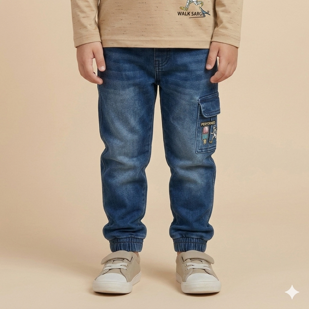 Boys Khaki Graphic Polo Shirt & Blue Cargo Jogger Jeans Set |  Full Sleeve | Casual & School Wear | Age 4–6Y