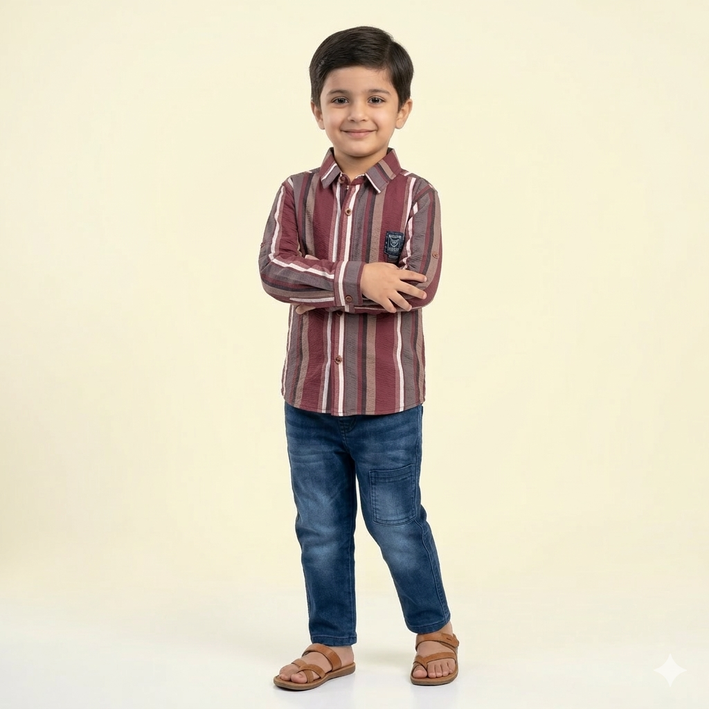 Boys Maroon Multi-Stripe Textured Shirt & Blue Denim Jeans Set  | Full Sleeve | Casual & Party Wear | Age 4–6Y
