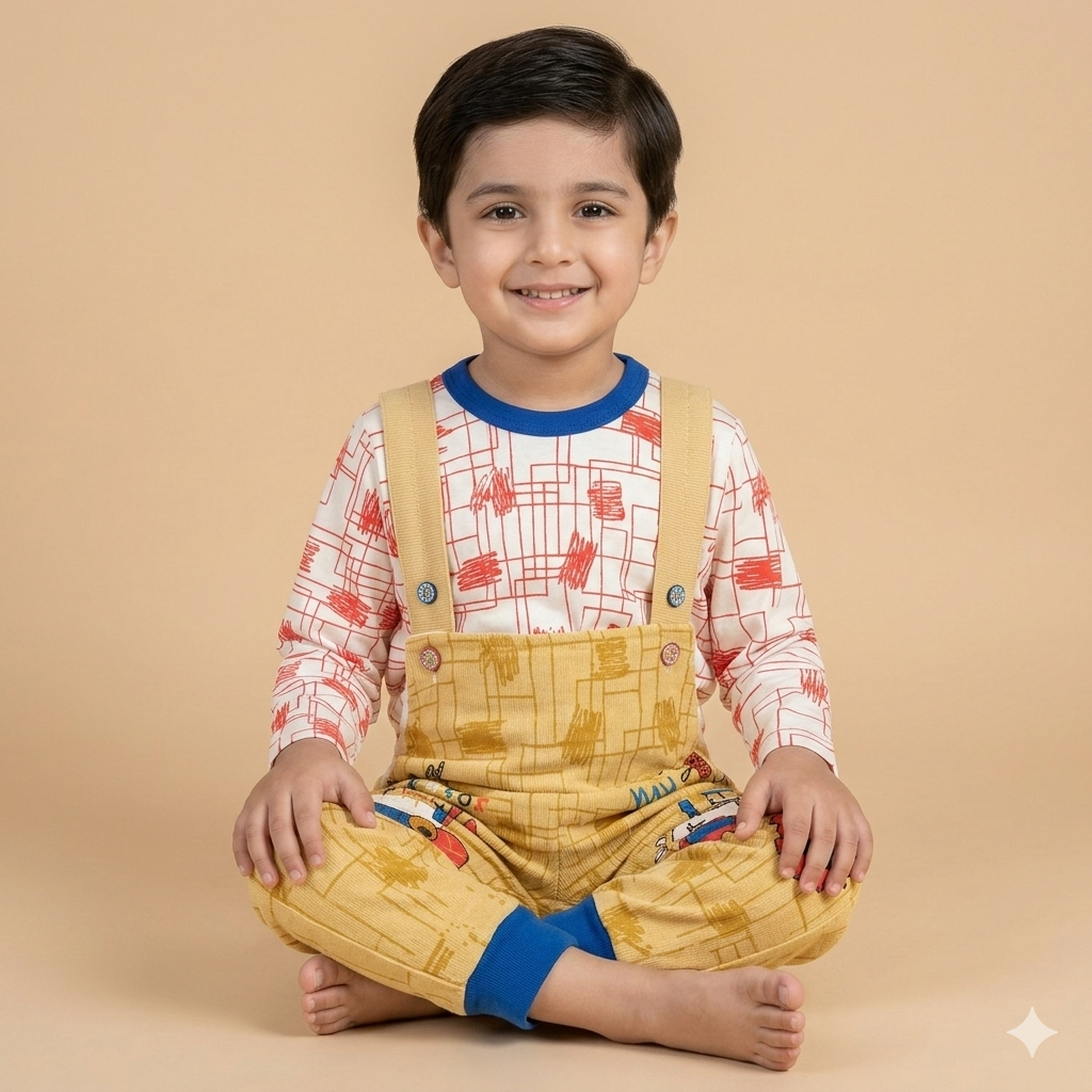 Boys Graphic Tee & Mustard Dungaree Jogger Set | Tractor Print  | Suspender Style | Casual & Playwear | Age 2–4Y