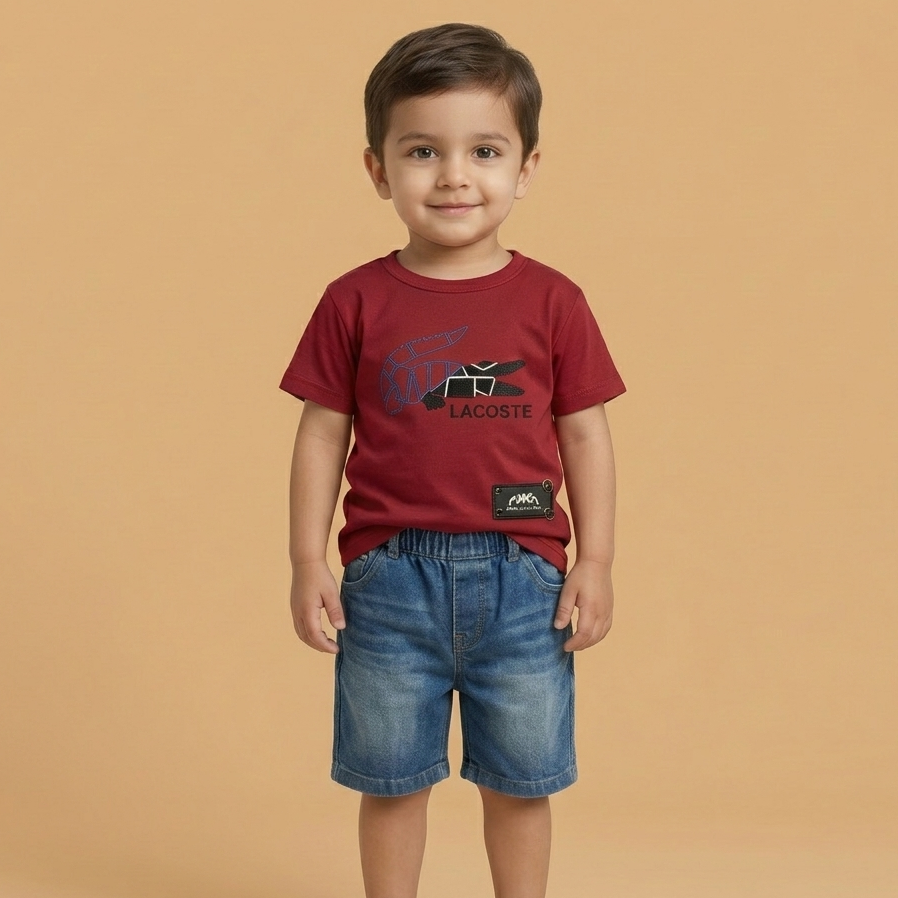 Boys Maroon Crocodile Graphic T-Shirt & Blue Denim Shorts Set  | Short Sleeve | Summer Casual Wear | Age 2–4Y