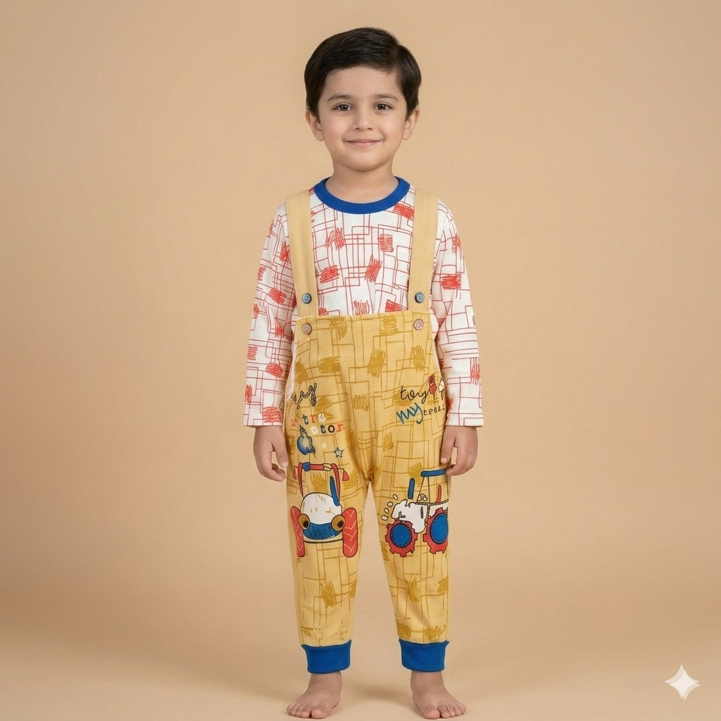 Boys Graphic Tee & Mustard Dungaree Jogger Set | Tractor Print  | Suspender Style | Casual & Playwear | Age 2–4Y