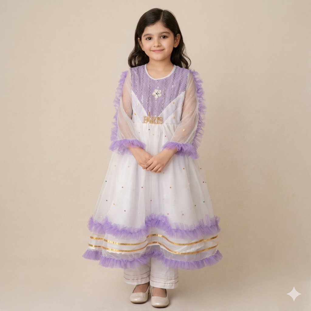 White & Lavender Ruffle Net Frock Suit | Sequin &  Multicolour Work | "Paris" Charm | Eid & Party Wear | Age 5–6Y