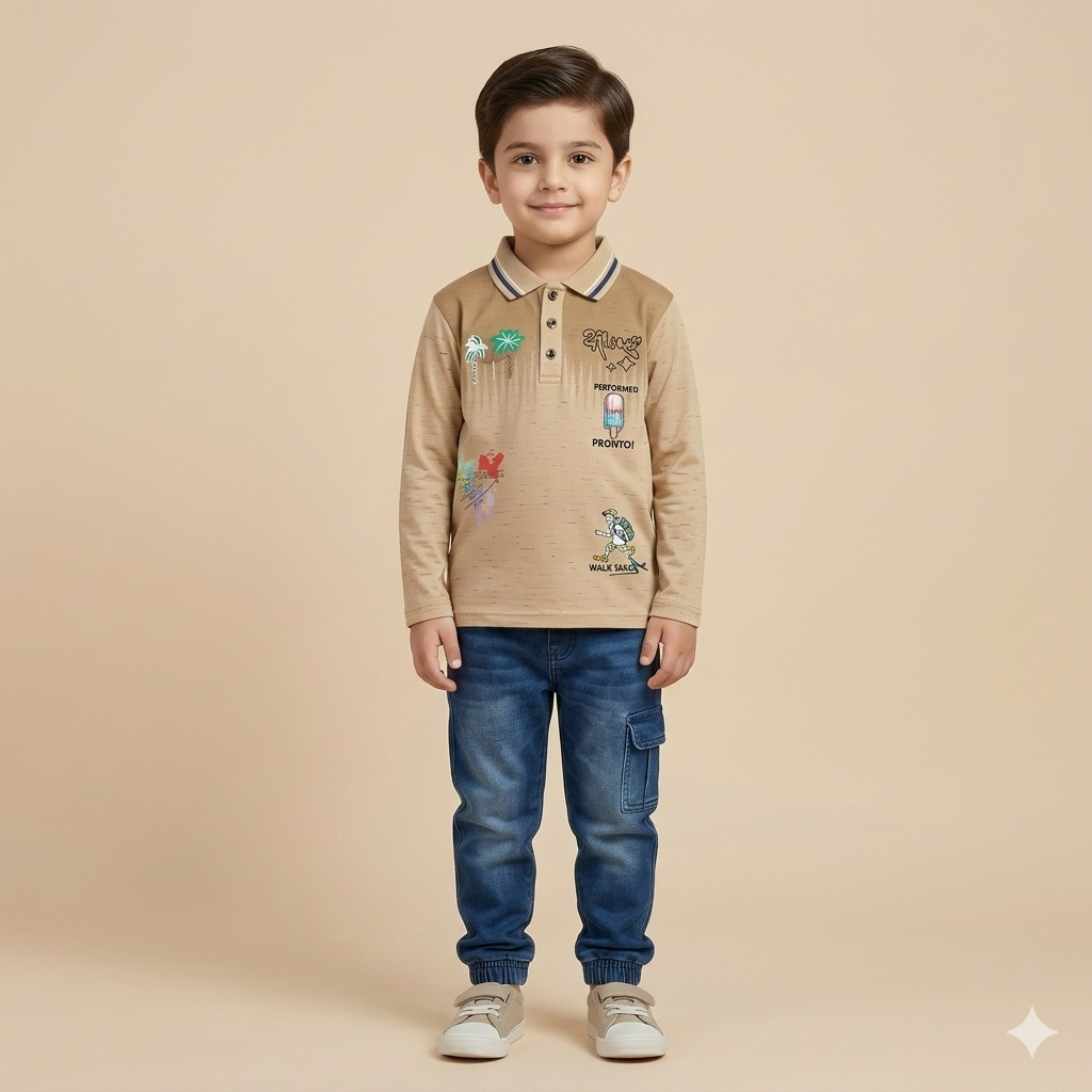 Boys Khaki Graphic Polo Shirt & Blue Cargo Jogger Jeans Set |  Full Sleeve | Casual & School Wear | Age 4–6Y