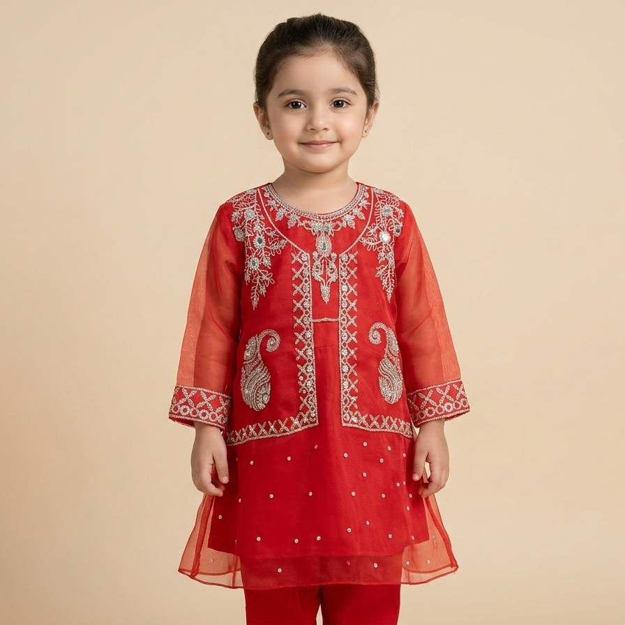 Girls Embroidered Organza Kurta Set | Eid & Festive Wear