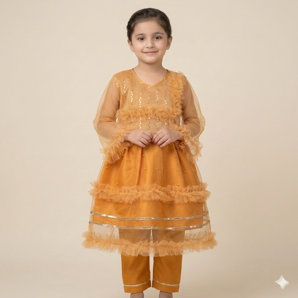 Girls Yellow Ruffle Net Kurta Trouser Set | Sequin & Pearl Work | Eid & Party Wear