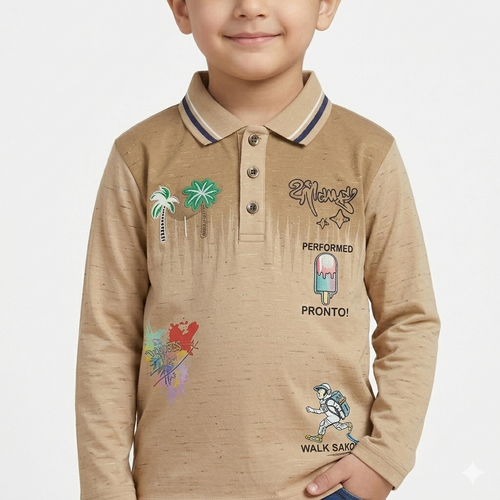 Boys Khaki Graphic Polo Shirt & Blue Cargo Jogger Jeans Set |  Full Sleeve | Casual & School Wear | Age 4–6Y