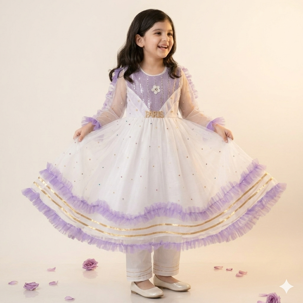 White & Lavender Ruffle Net Frock Suit | Sequin &  Multicolour Work | "Paris" Charm | Eid & Party Wear | Age 5–6Y