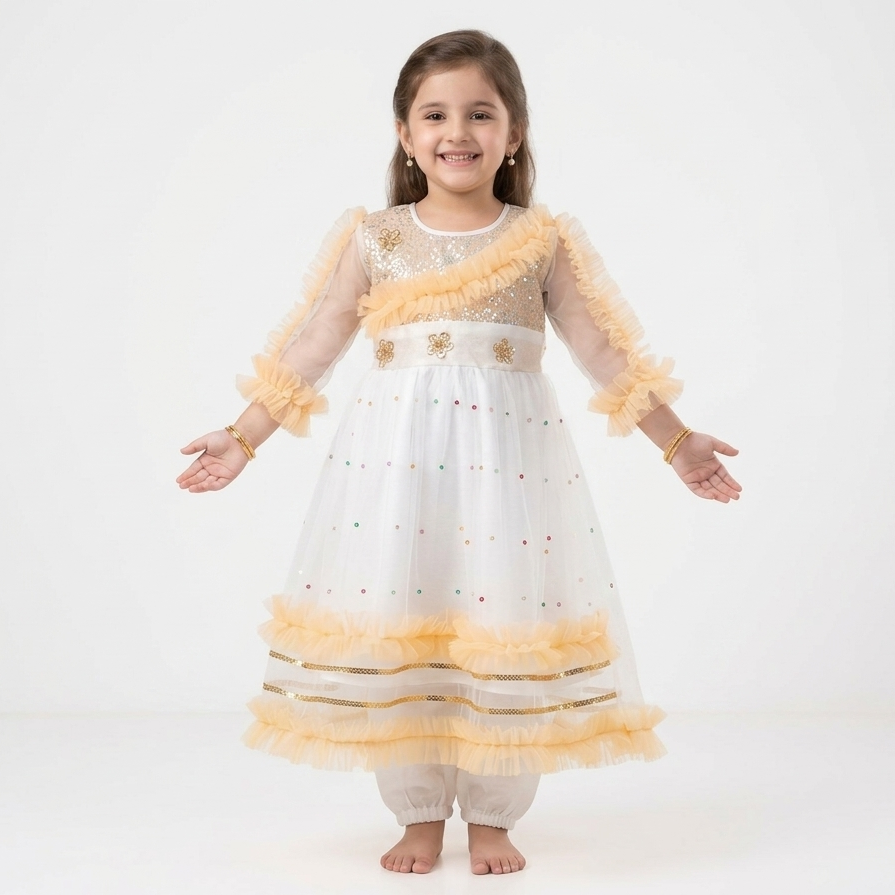 White & Gold Ruffle Net Frock Suit | Sequin & Multicolour  Work | Eid & Wedding Wear | Age 5–9Y