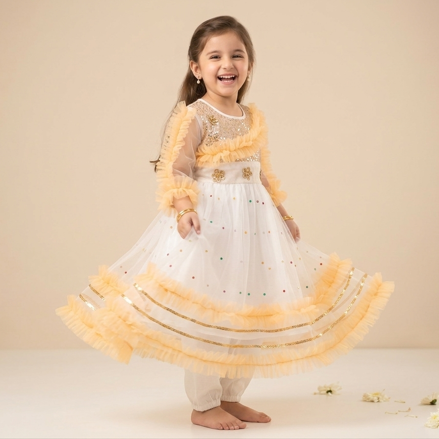 White & Gold Ruffle Net Frock Suit | Sequin & Multicolour  Work | Eid & Wedding Wear | Age 5–9Y