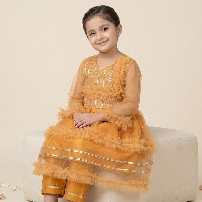 Girls Yellow Ruffle Net Kurta Trouser Set | Sequin & Pearl Work | Eid & Party Wear