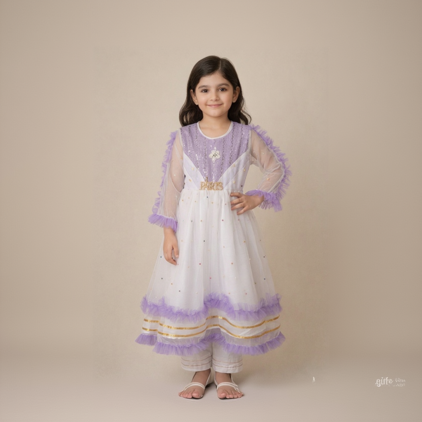 White & Lavender Ruffle Net Frock Suit | Sequin &  Multicolour Work | "Paris" Charm | Eid & Party Wear | Age 5–6Y