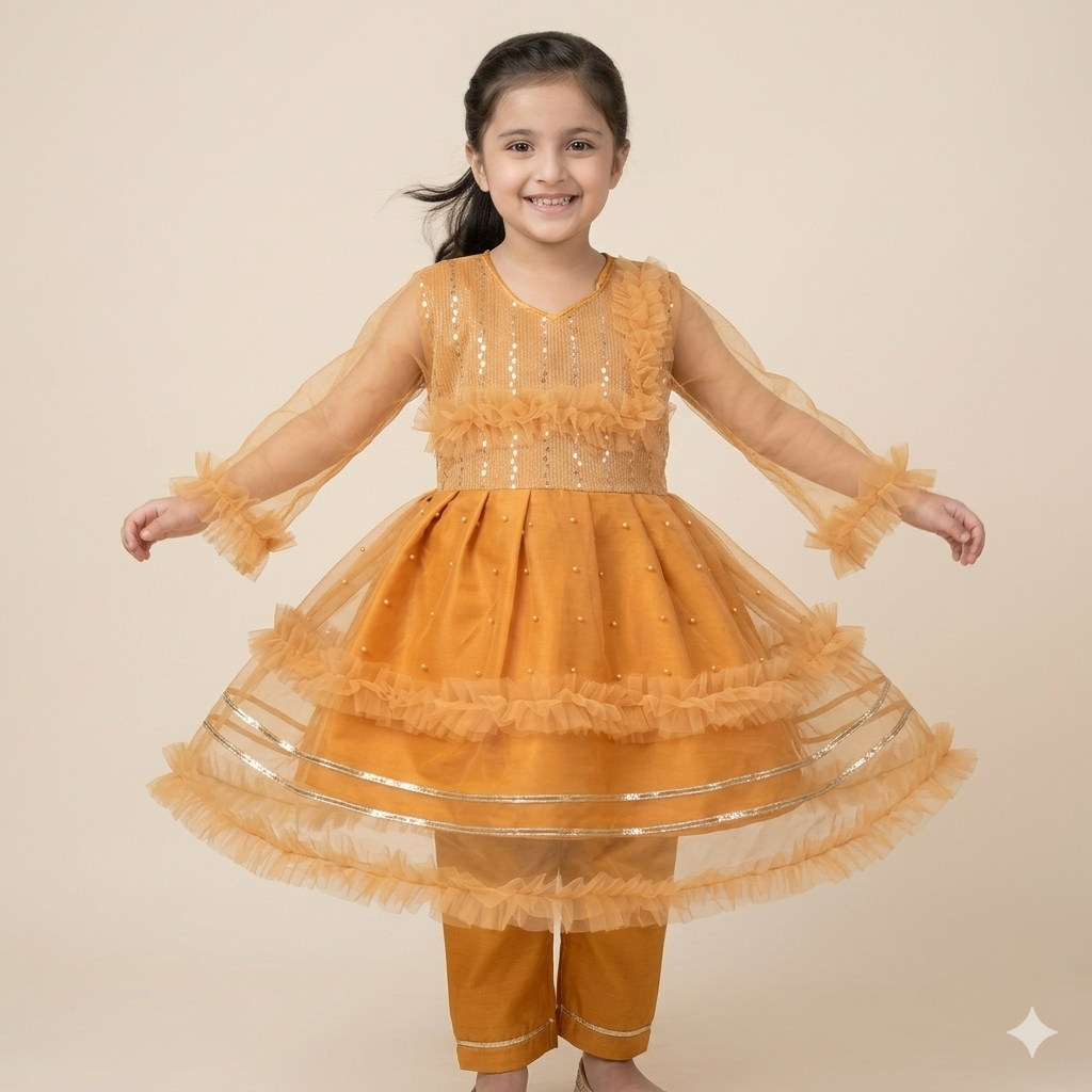 Girls Yellow Ruffle Net Kurta Trouser Set | Sequin & Pearl Work | Eid & Party Wear
