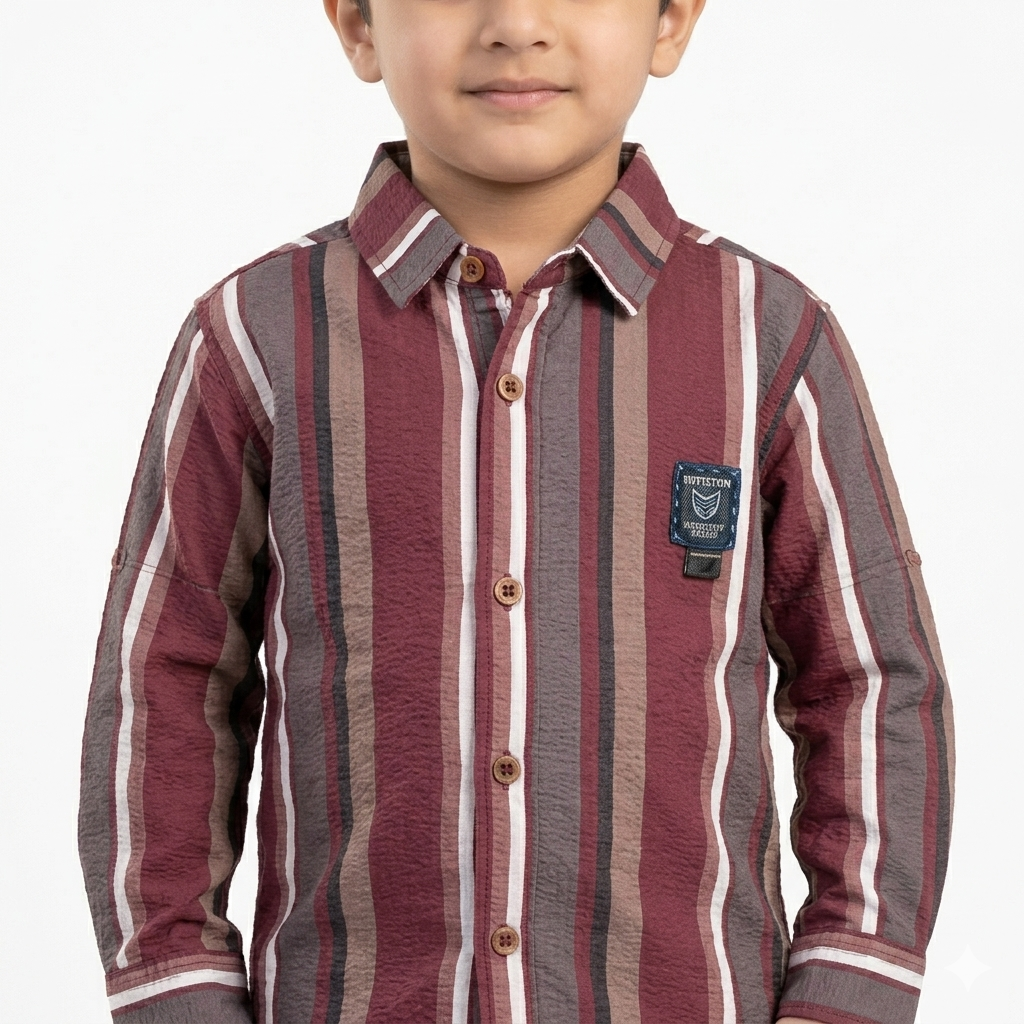 Boys Maroon Multi-Stripe Textured Shirt & Blue Denim Jeans Set  | Full Sleeve | Casual & Party Wear | Age 4–6Y