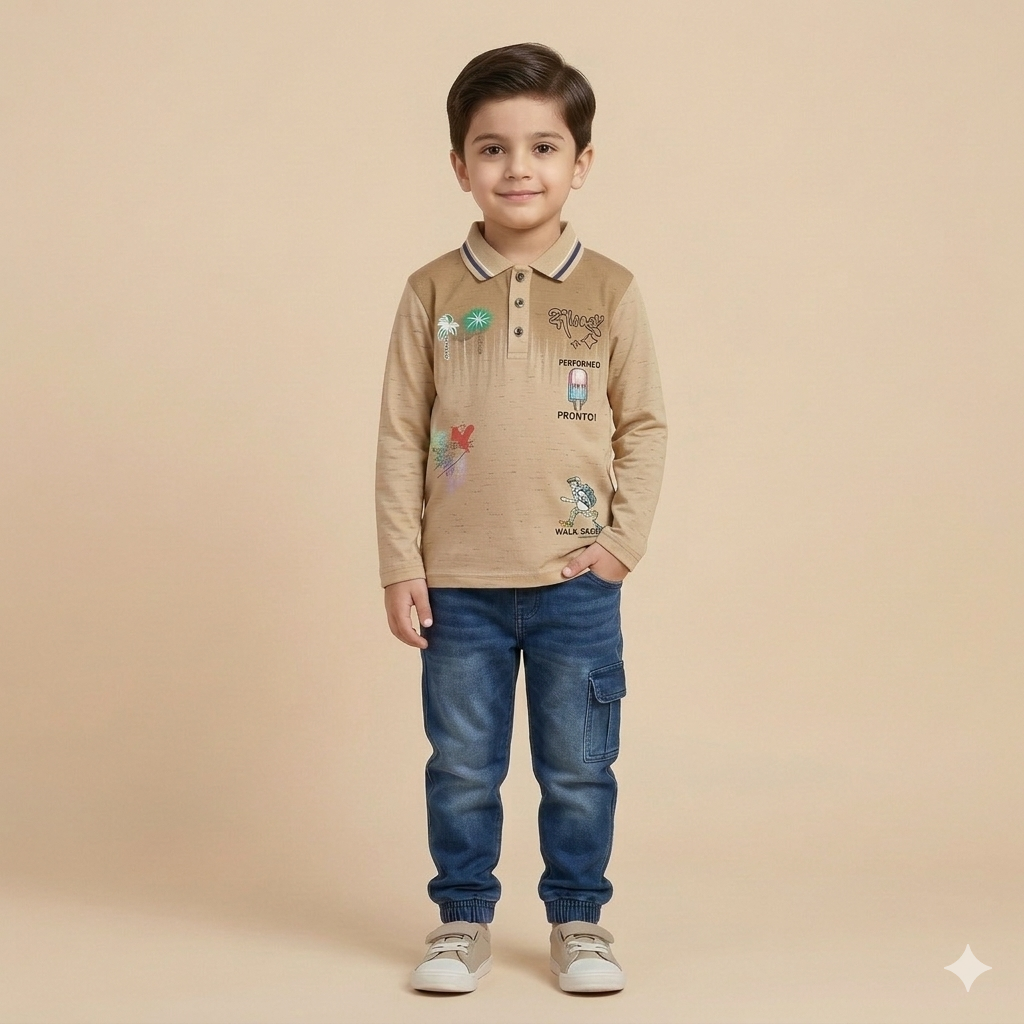 Boys Khaki Graphic Polo Shirt & Blue Cargo Jogger Jeans Set |  Full Sleeve | Casual & School Wear | Age 4–6Y
