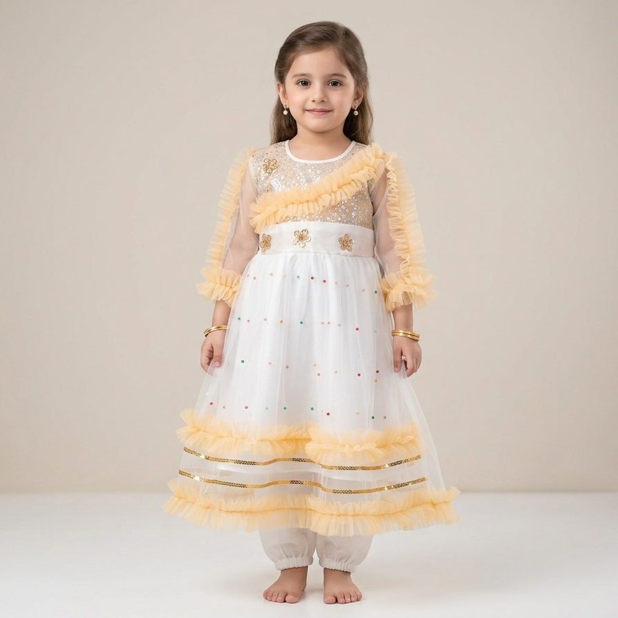 White & Gold Ruffle Net Frock Suit | Sequin & Multicolour  Work | Eid & Wedding Wear | Age 5–9Y